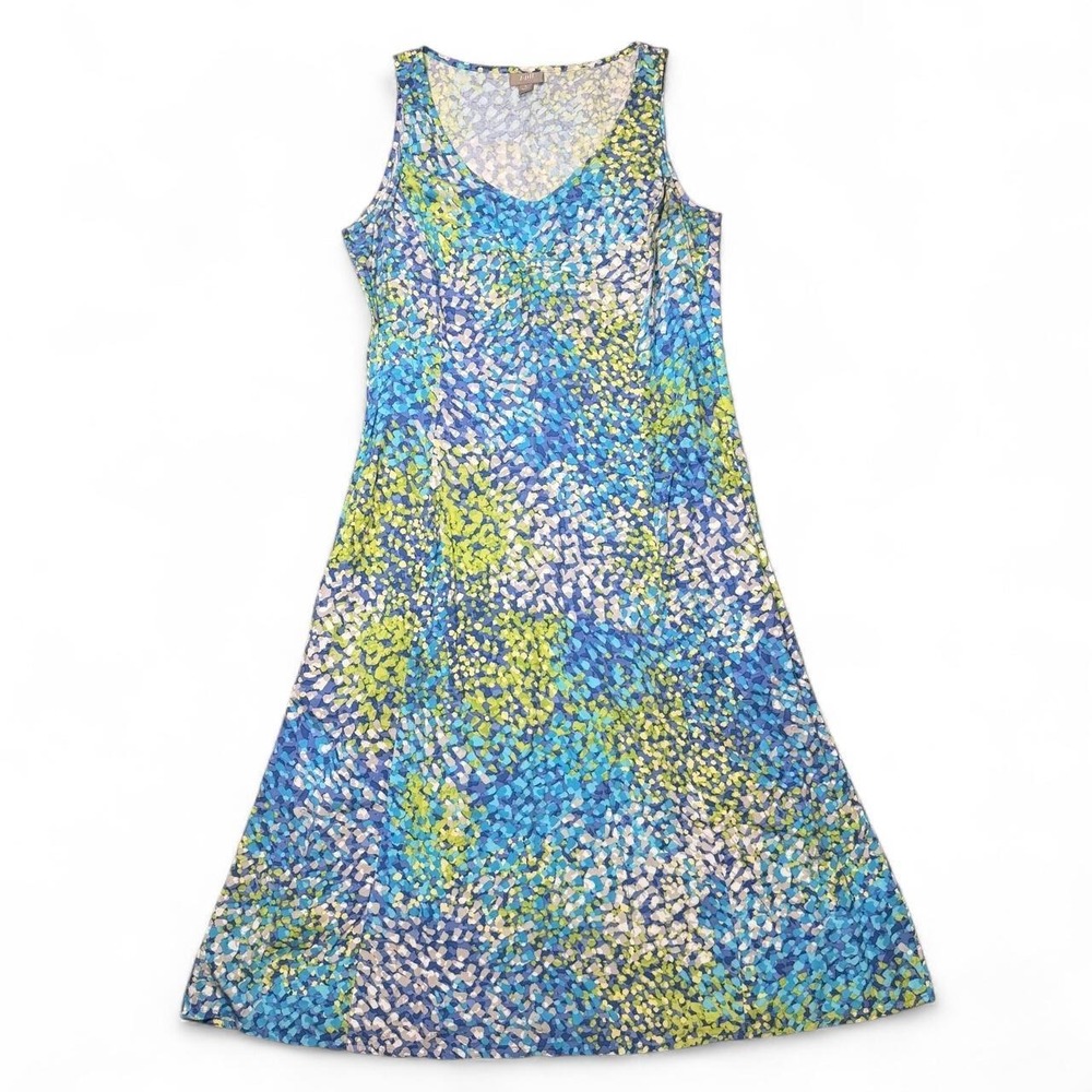 J. JILL Blue Dot Rayon Midi Dress Size 6 Side Zipper V-Neck with Pockets Boho